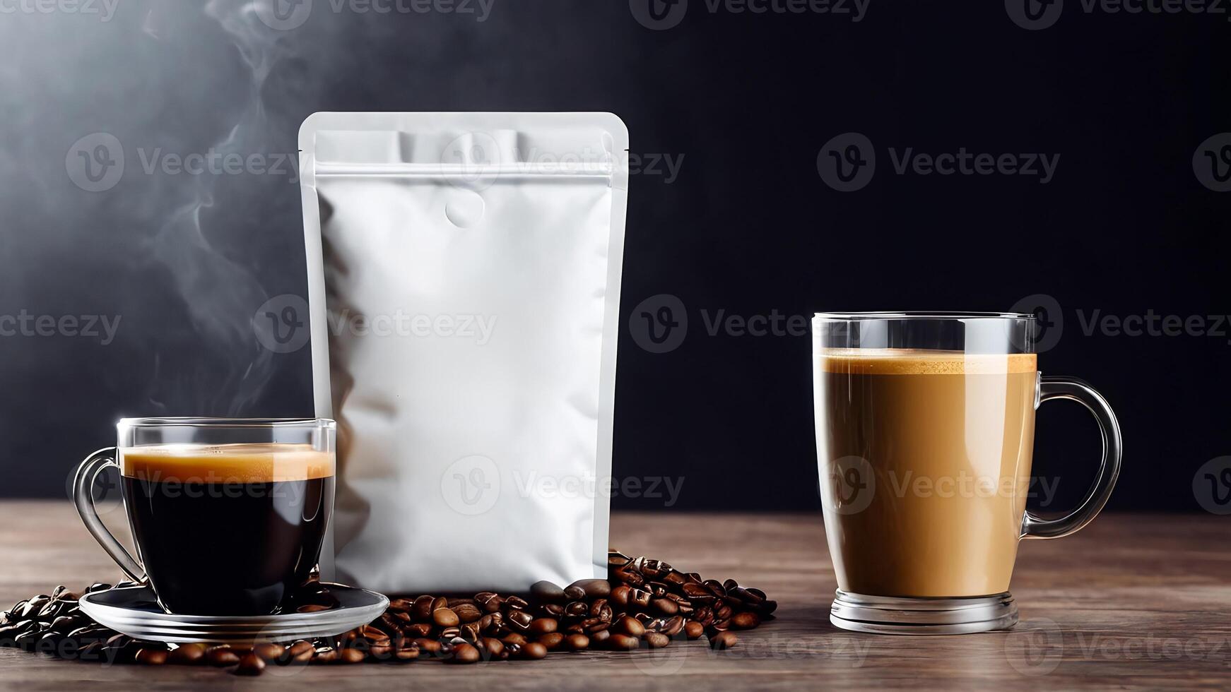 AI generated coffee cup mockup design, coffee cup mockup on coffee beans, hot coffee background, blank coffee cup mockups, paper coffee bags photo