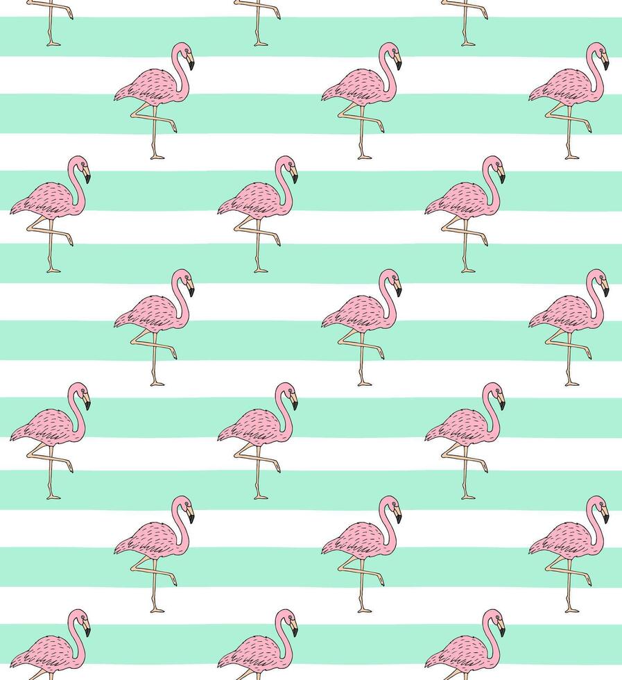 Vector seamless pattern of doodle pink flamingo