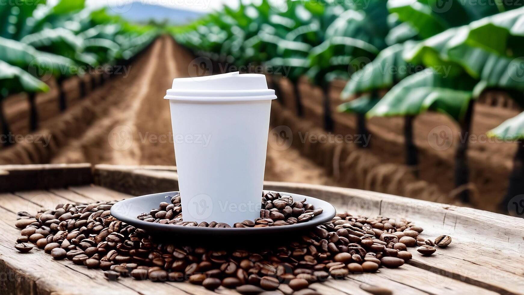 AI generated coffee cup mockup design, coffee cup mockup on coffee beans, hot coffee background, blank coffee cup mockups, paper coffee bags photo