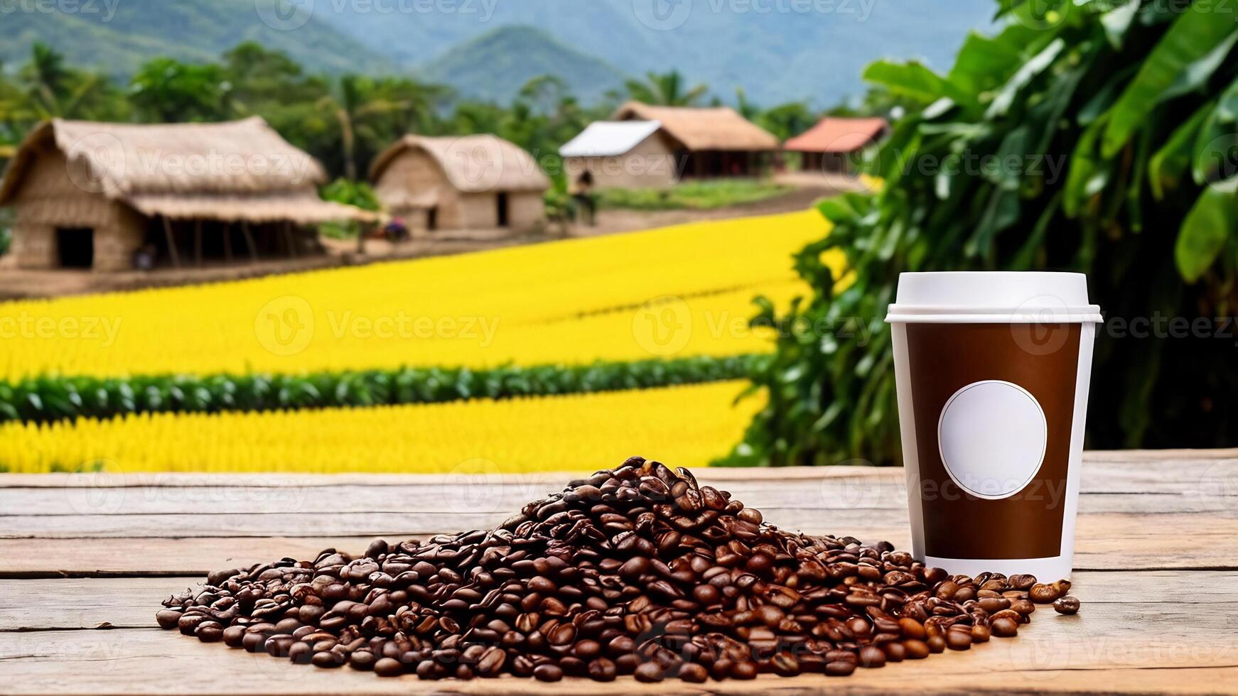 AI generated coffee cup mockup design, coffee cup mockup on coffee beans, hot coffee background, blank coffee cup mockups, paper coffee bags photo