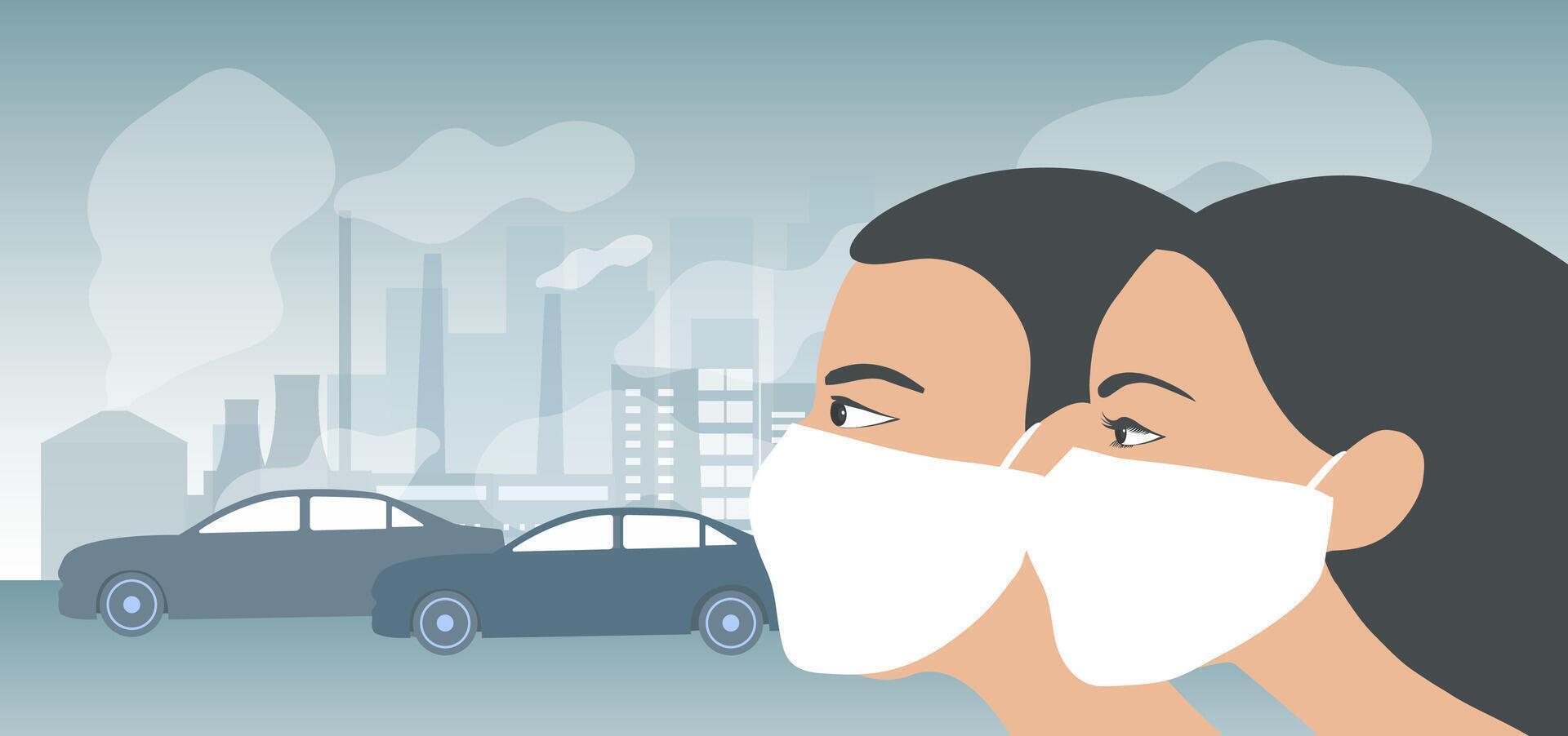 aire contaminación, pm 2.5, industria contaminación, tóxico la carretera fumar nubes y ambiente contaminación, y vehículo carbón dióxido, mujer vistiendo protector cara máscara vector