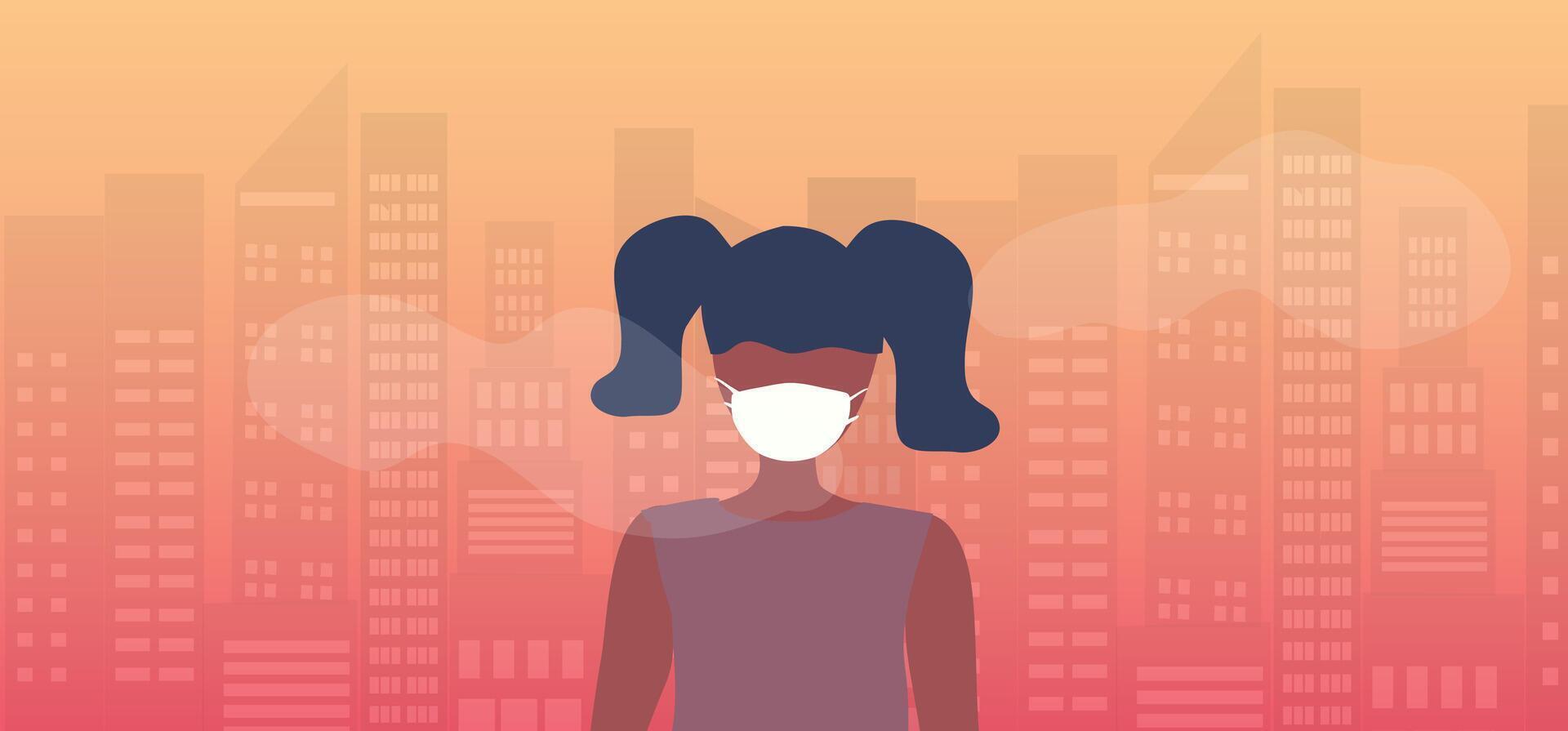 Air pollution, pm 2.5, industry pollution, toxic road smoke clouds and environment pollution, and vehicle carbon dioxide, child wearing protective face mask vector