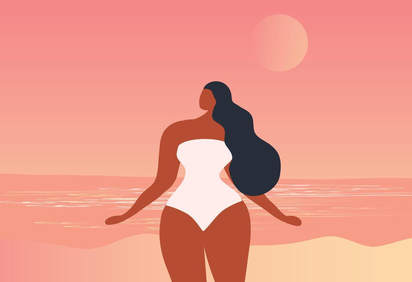 Beautiful bikini woman standing on the beach scene vector illustration. Summer holiday concept