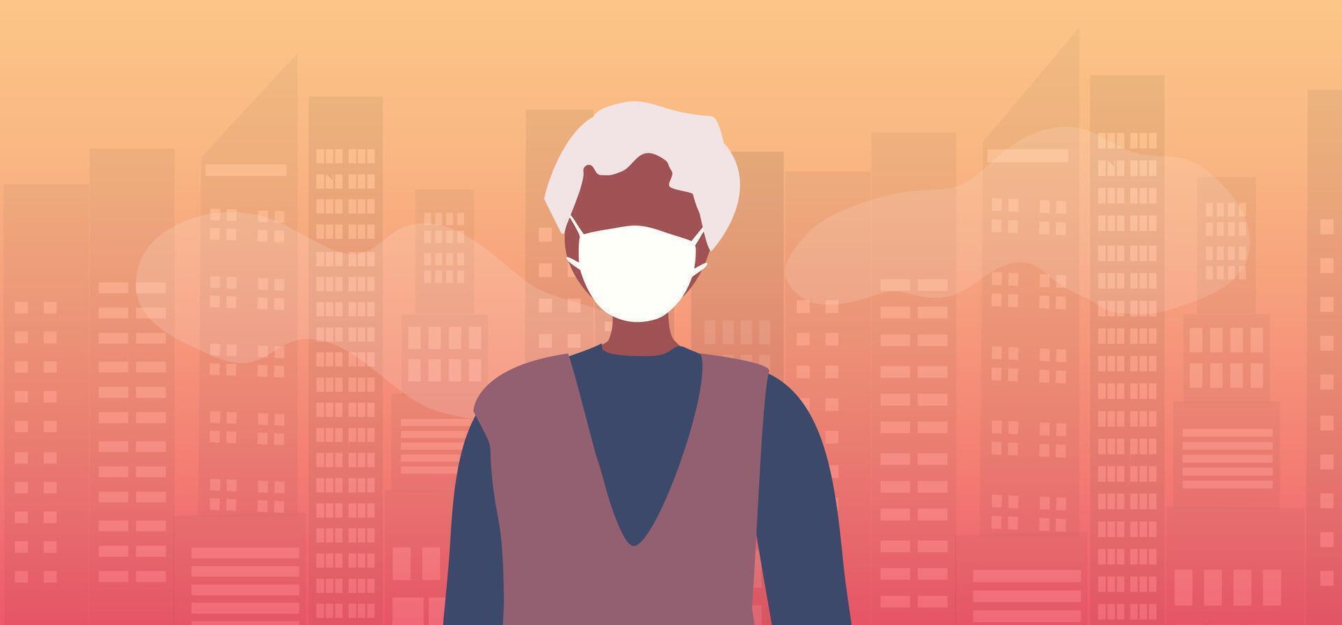 Air pollution, pm 2.5, industry pollution, toxic road smoke clouds and environment pollution, and vehicle carbon dioxide, senior wearing protective face mask vector