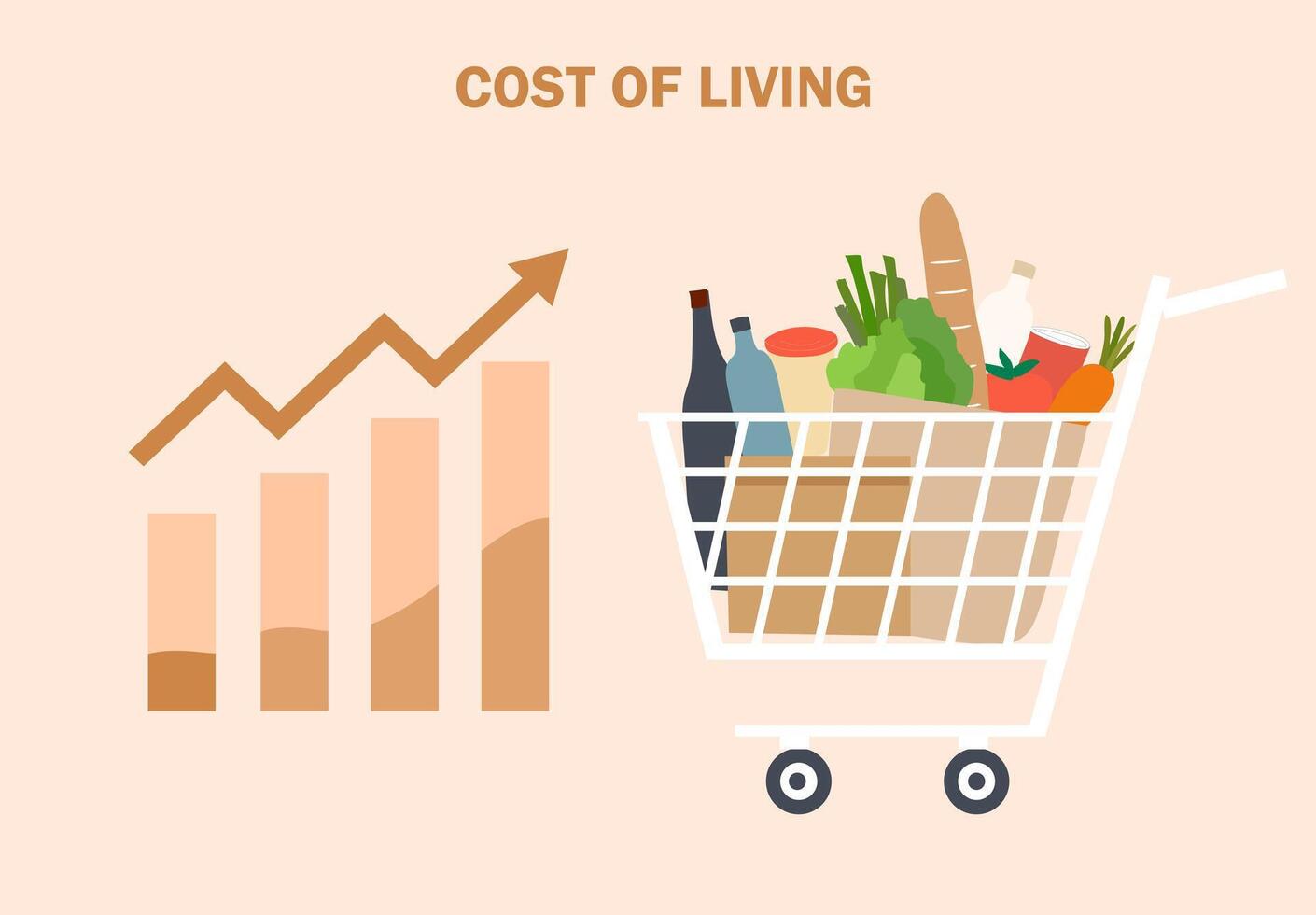 Grocery shopping basket with high graph. Cost of living, growth of grocery price, economic inflation vector