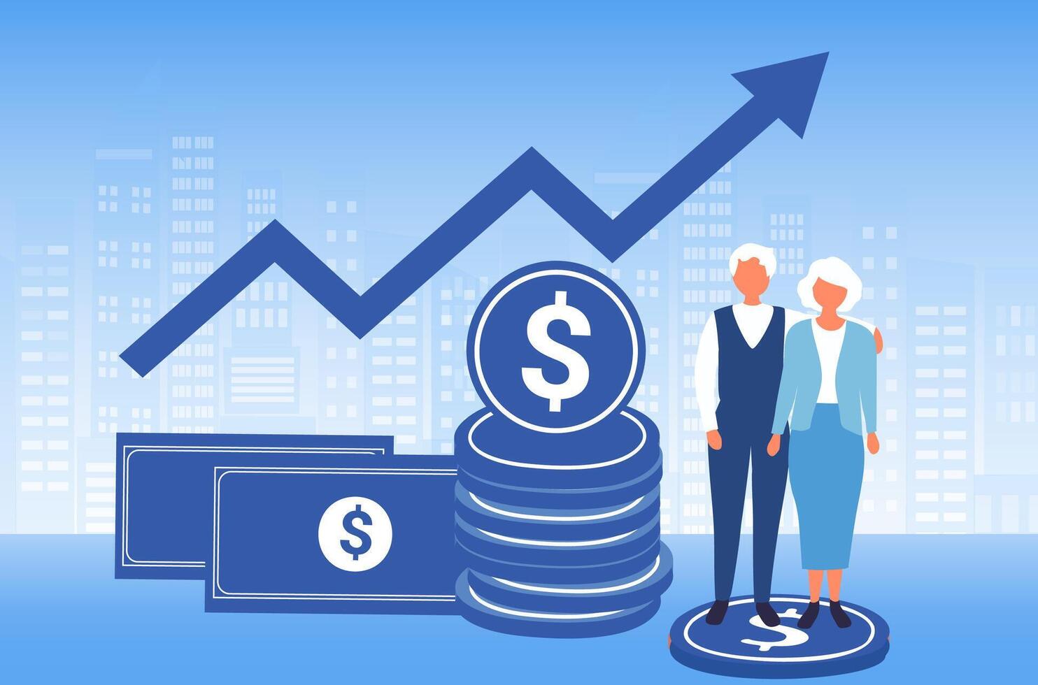 Happy senior couple sit on money stack with return on investment profit and retirement financial planning investment plan for elderly vector illustration