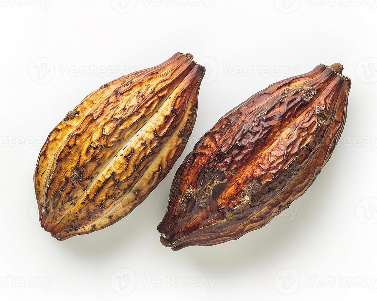 AI generated A pile of cocoa pods isolated on white background. Close-up Shot. photo