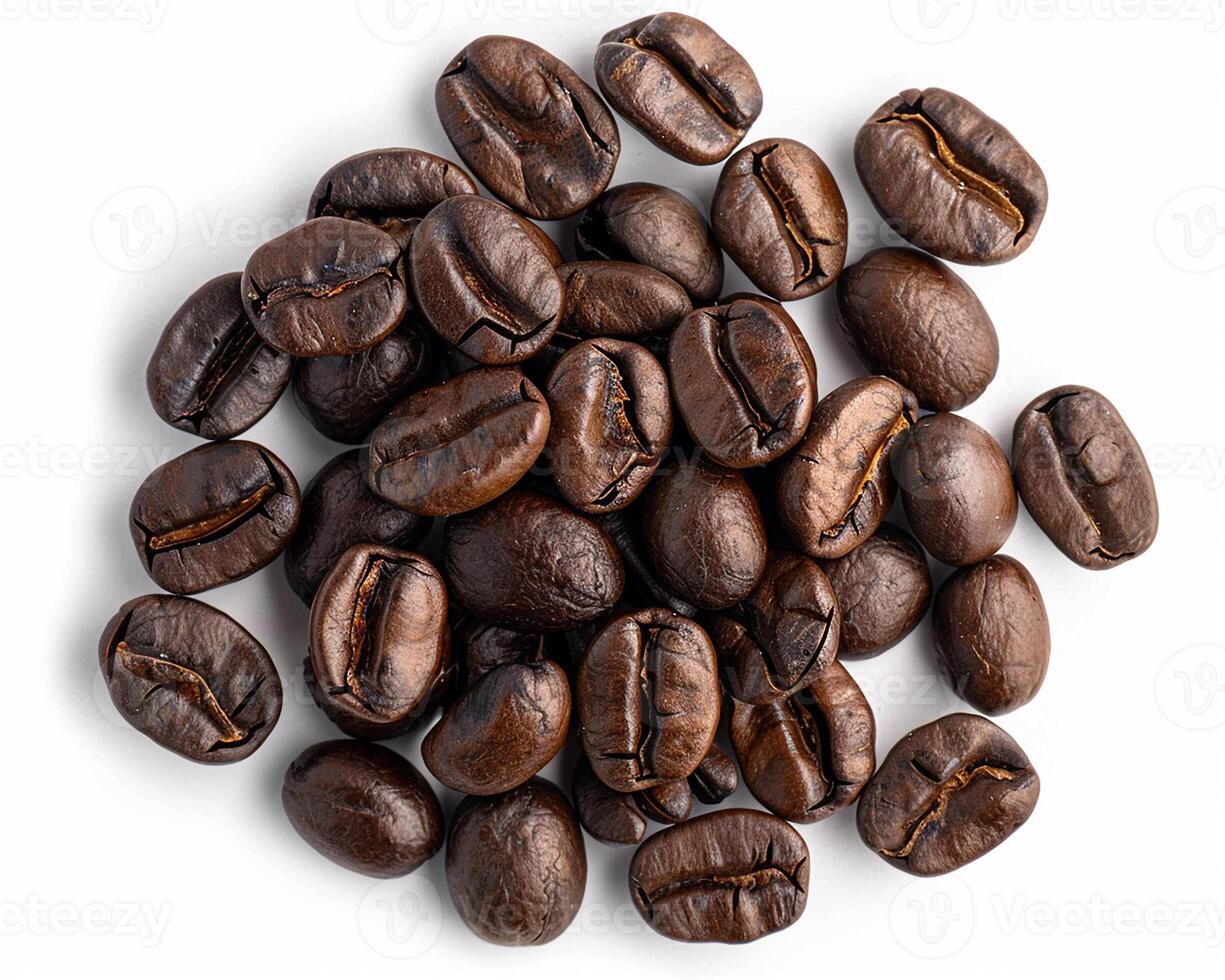 AI generated A pile of coffee beans isolated on white background. Close-up Shot. photo