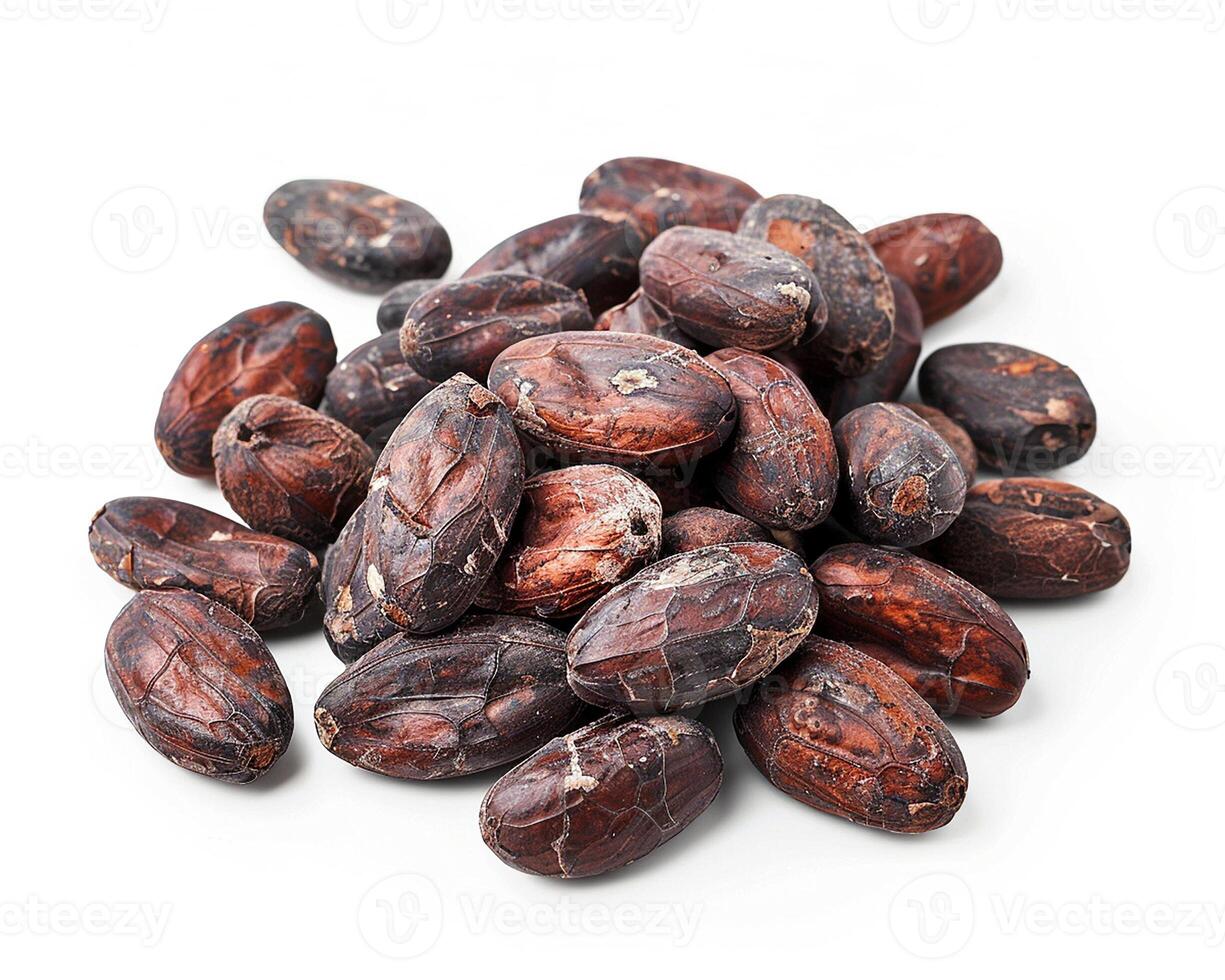 AI generated A pile of cocoa beans isolated on white background. Close-up Shot. photo