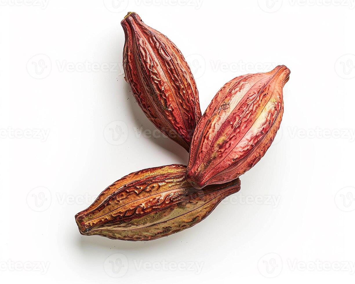 AI generated A pile of cocoa pods isolated on white background. Close-up Shot. photo