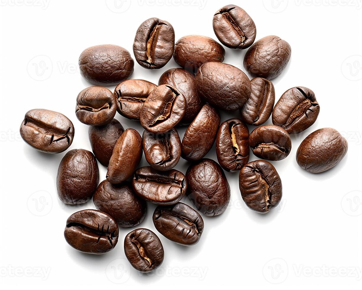 AI generated A pile of coffee beans isolated on white background. Close-up Shot. photo