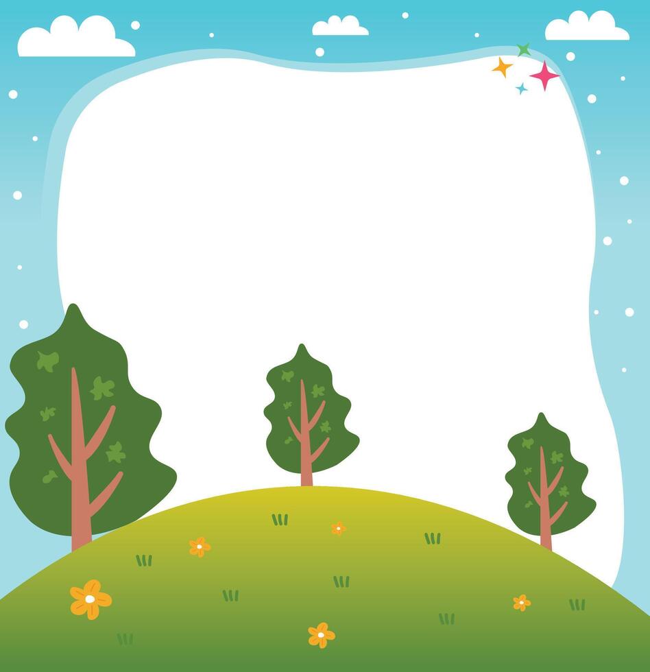 Green grass fields landscape vector background illustration with tree and flowers and empity space in the middle for text
