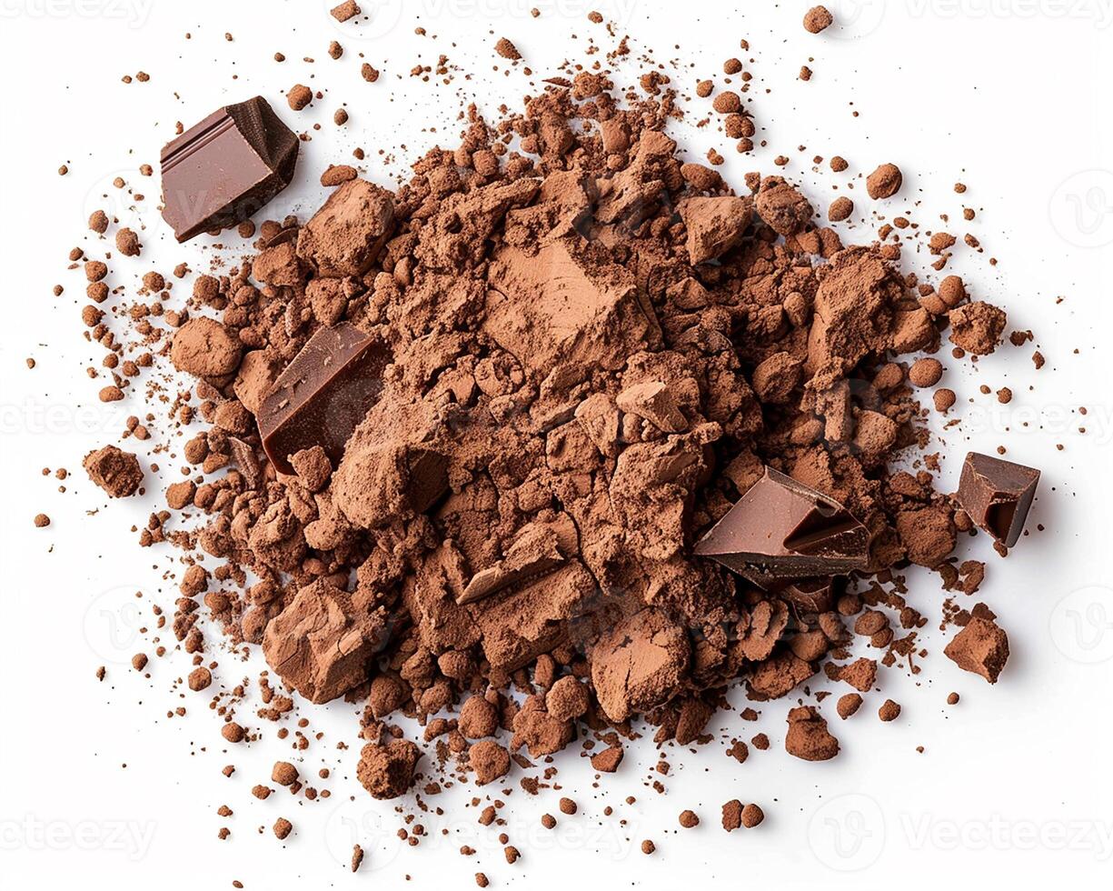 AI generated A pile of cocoa powder isolated on white background. Close-up Shot. photo