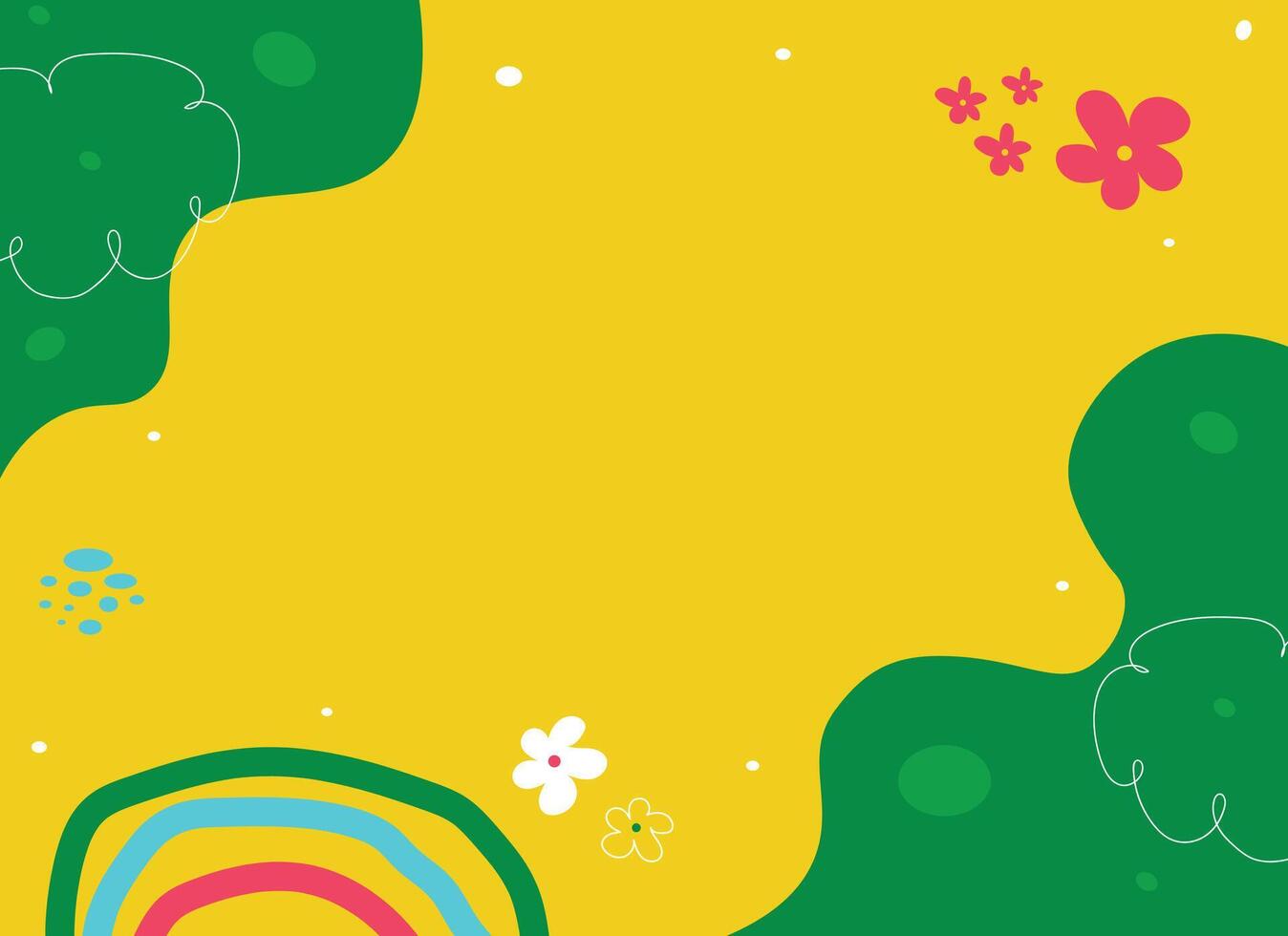 Cute yellow kids background with rainbow and flower in hand drawn style vector