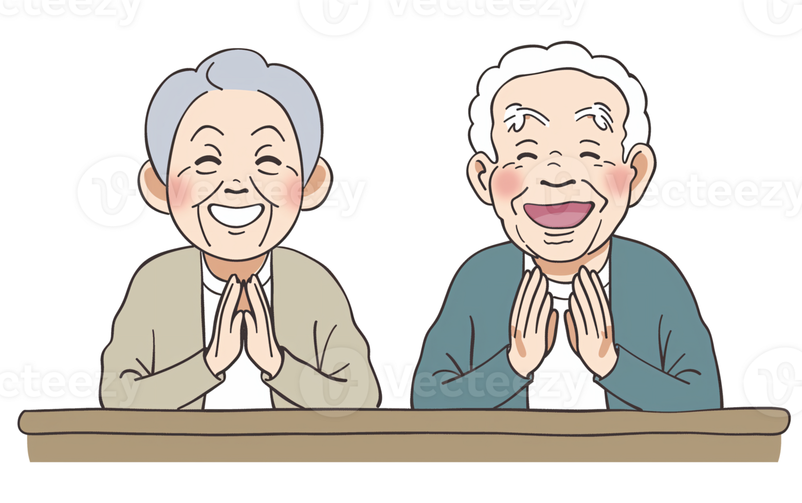 AI generated A simple line drawing of an elderly couple smiling and clapping in the style of Japanese animation png