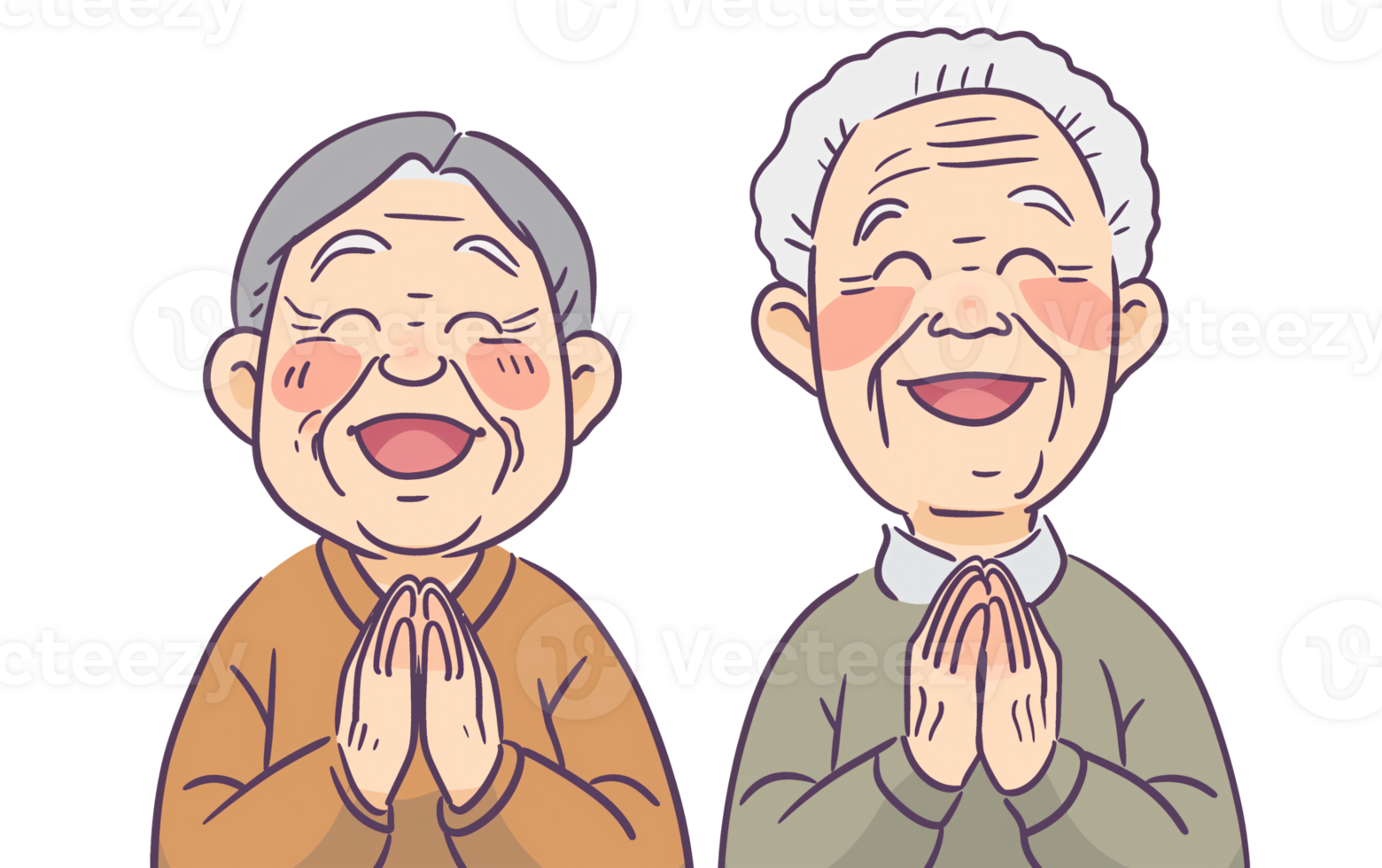 AI generated A simple line drawing of an elderly couple smiling and clapping in the style of Japanese animation png