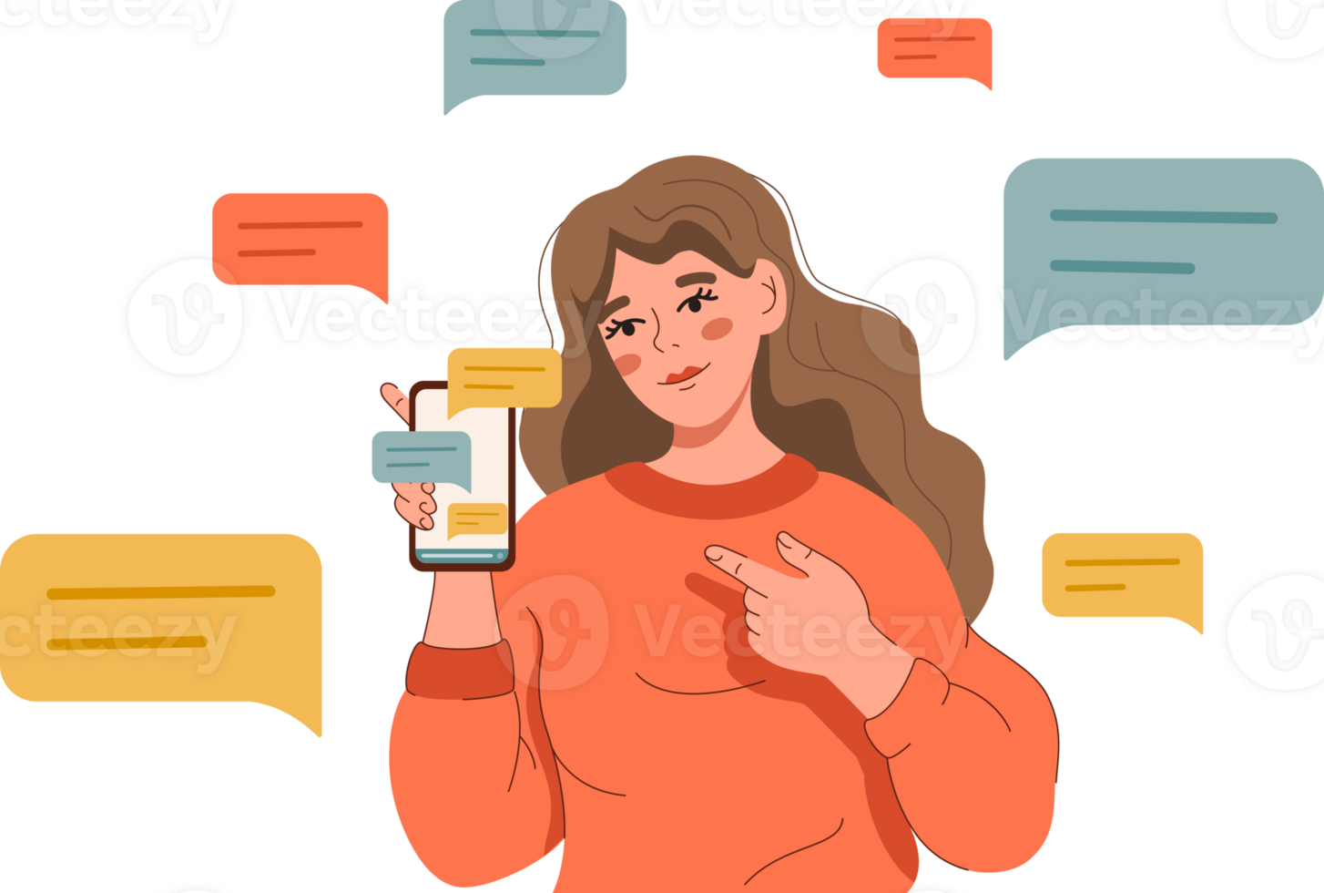 Woman blogger shows phone with messages or comments written by subscribers from social networks. Blogger girl with smartphone recommends using messaging service to promote your business. png