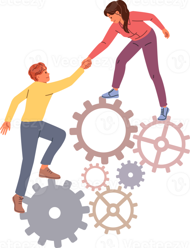 Business woman provides support to weak colleague by helping climb stack of gears, showing commitment to teamwork. Guy and girl from startup support each other to achieve career success png