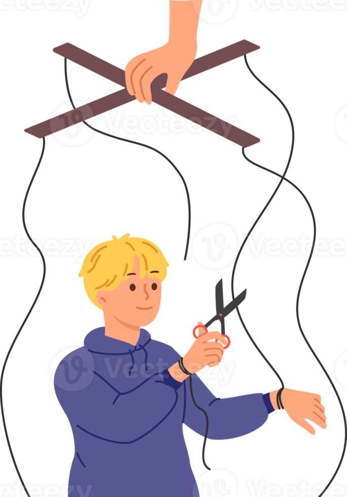 Independent boy frees himself from parental manipulation by cutting puppeteer ropes that interfere with self-development. Puppeteer hand is trying to control child and direct son in right direction png