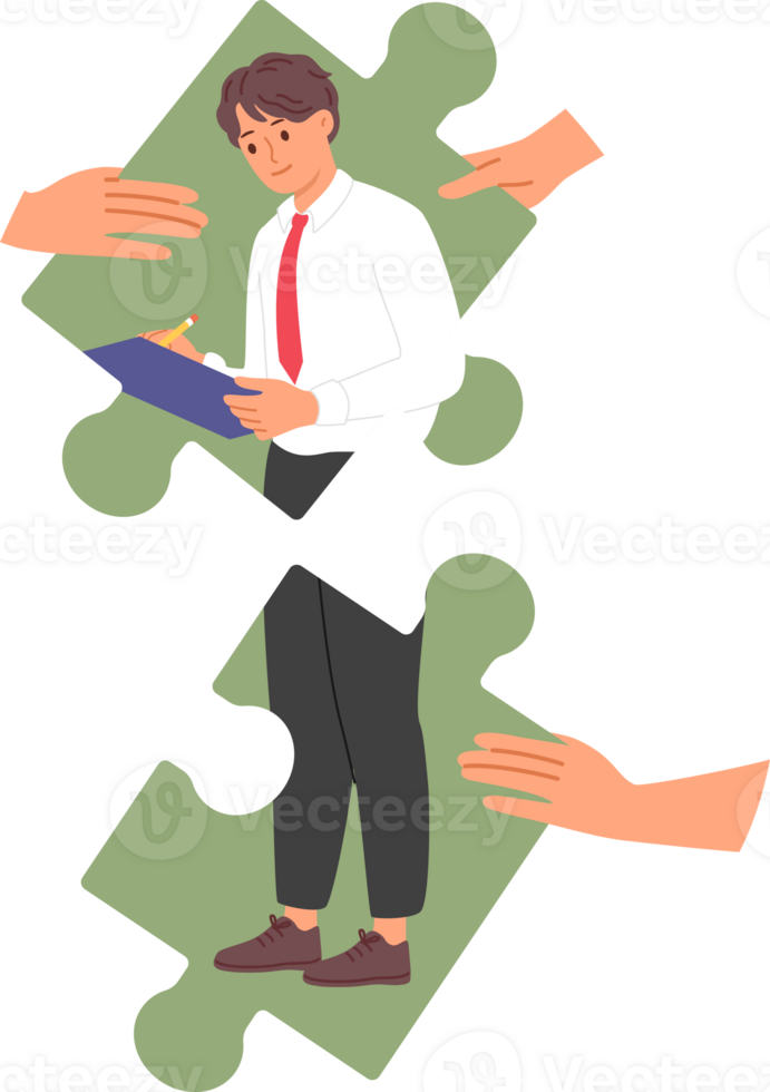 Successful man manager assembled from puzzle pieces stands with pencil and clipbord in hands. Guy manager of large corporation writes down names of employees who deserve bonus payment or punishment png