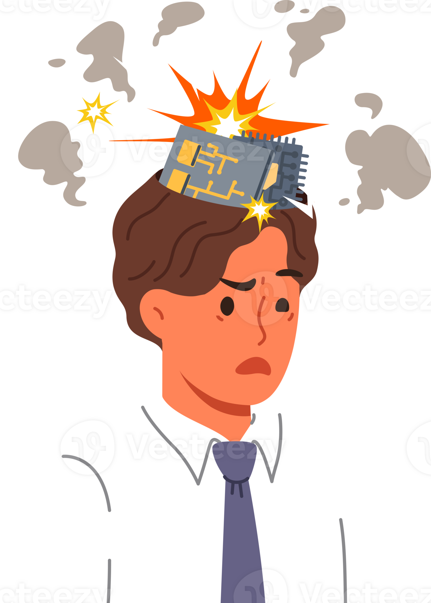 Man robot with exploding computer boards in head due to overload with ...