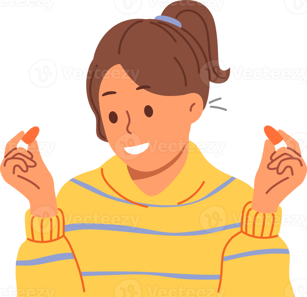Woman uses earplugs to block out noise from neighbors so can concentrate or sleep. Earplugs in hands of happy teenage girl preparing ready to start work and getting rid of distractions png