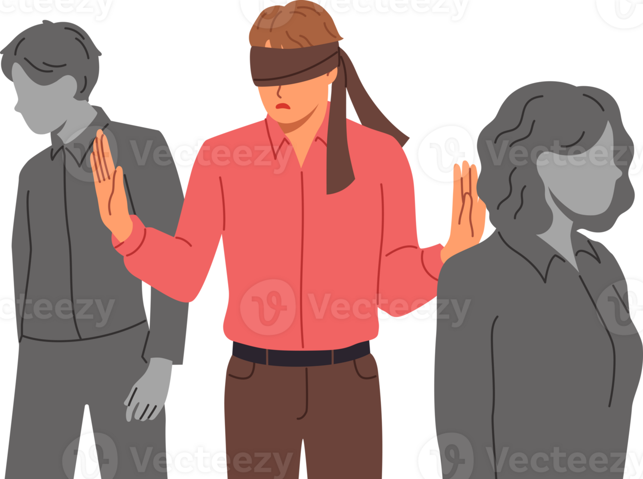 Blindfolded man wanders among colleagues, feeling insecure due to lack of professional qualifications. Blindfolded guy stands out from crowd needs help regaining spatial orientation. png