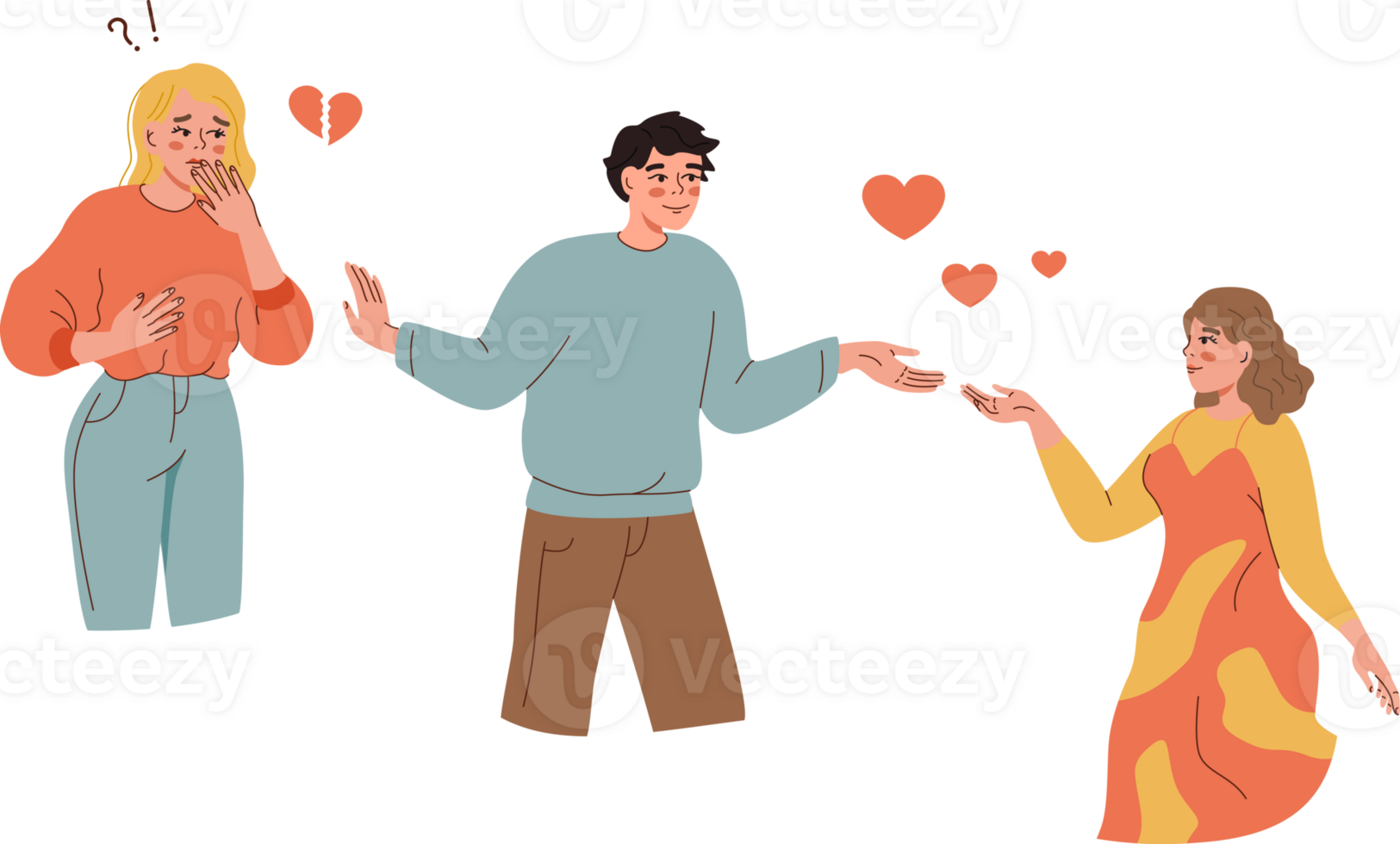 Love triangle of man confused in romantic feelings and choosing between two women. Vavilas guy leaves upset girlfriend after meeting new lover, with whom wants to start family and have children png