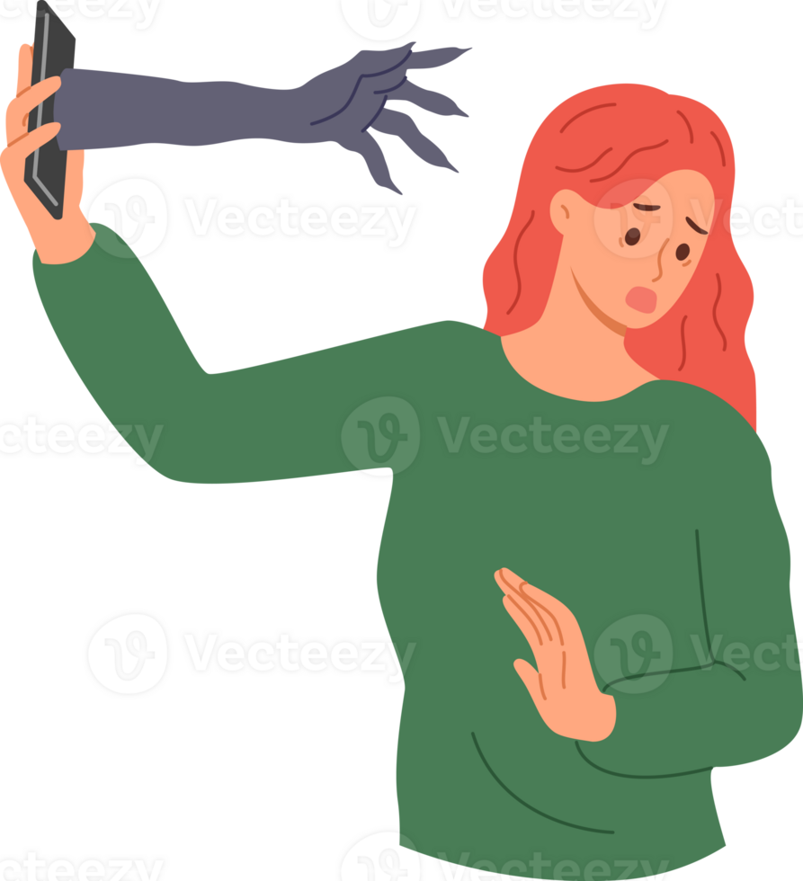 Woman frightened by horrors spreading through phone, turning away from hand monster crawling out smartphone. Girl became victim of cyberbullying and shaming caused by gender discrimination on forums png