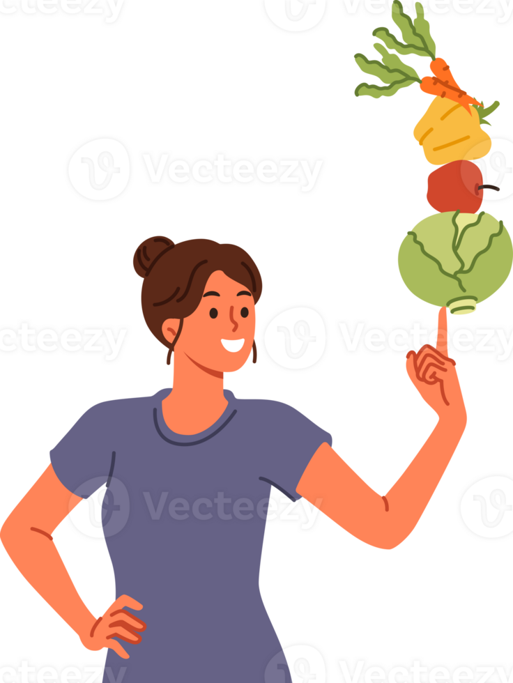 kvinna följer balanserad diet av grönsaker och frukt leder friska livsstil tack till rätt näring. vegetarian flicka rekommenderar ny diet till avgifta kropp och tappa bort överskott vikt. png