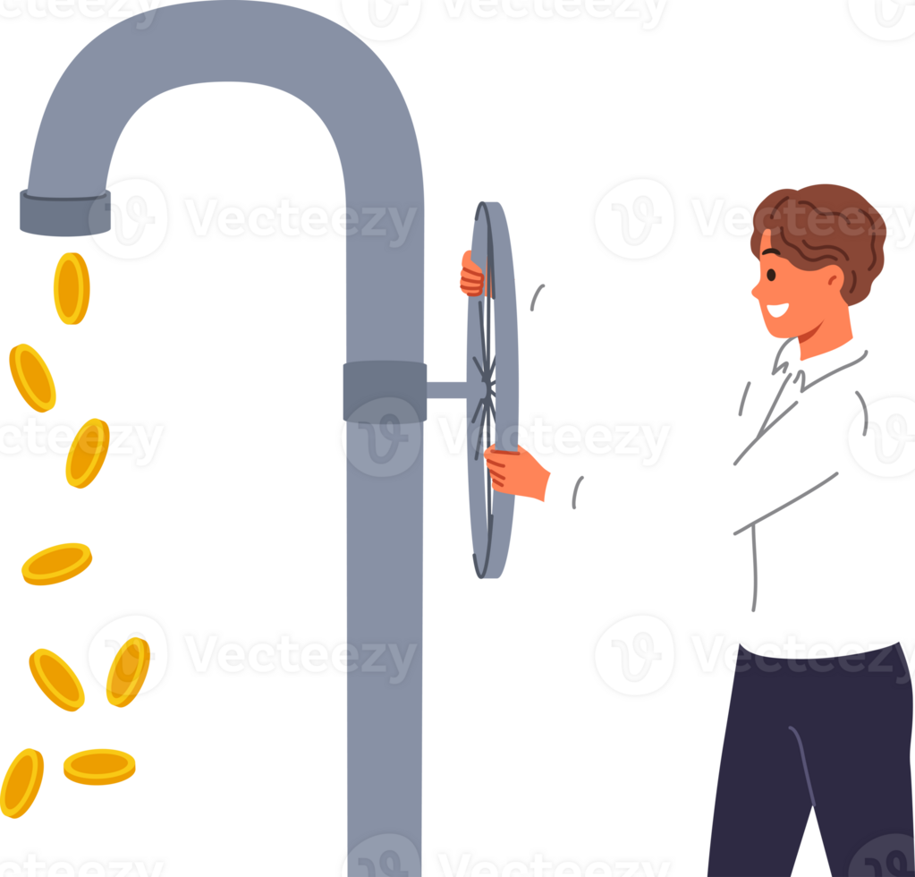 Cash flow is in hands of investor opens tap with coins instead of water, obtained through right investments. Investor guy, made share in commercial company receives large dividends png