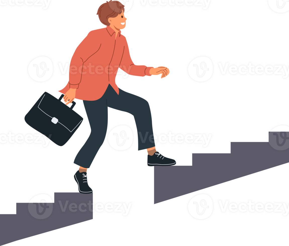 negocio hombre crece profesionalmente por alpinismo arriba escalera y superar obstáculos desde desaparecido pasos. ambicioso chico oficinista, fácilmente hace frente con problemas ese surgir en negocio y carrera png