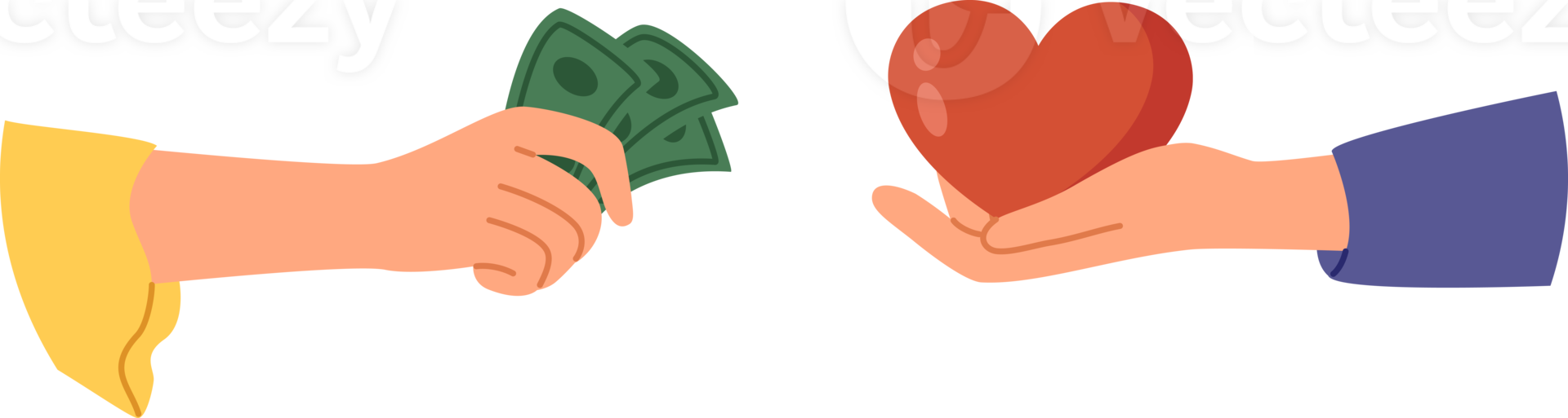 Buying love with money and relationships built on financial mutual benefit, with hands of people with hearts and cash. Metaphor of economic investments to create strong family with loving spouses png