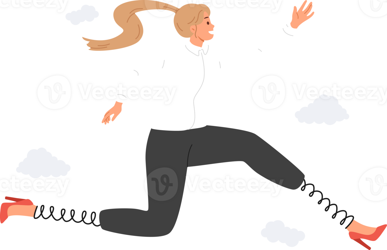 Ambitious business woman strives to achieve goals and jumps high using springs instead of legs. Ambitious manager in formal clothes smiles, rejoicing at opportunity to move to more profitable position png