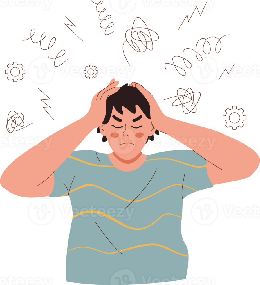 Man suffers from headache caused by overabundance of information, clutching head in attempt to drown out pain. Student guy, tired from studying at university, feels pain in neck and needs rest png