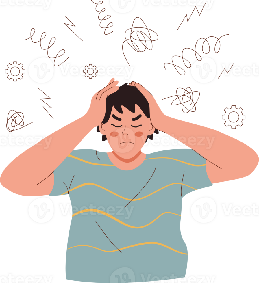 uomo soffre a partire dal mal di testa causato di sovrabbondanza di informazione, stringendo testa nel tentativo per annegare su dolore. alunno tipo, stanco a partire dal studiando a Università, si sente dolore nel collo e esigenze riposo png