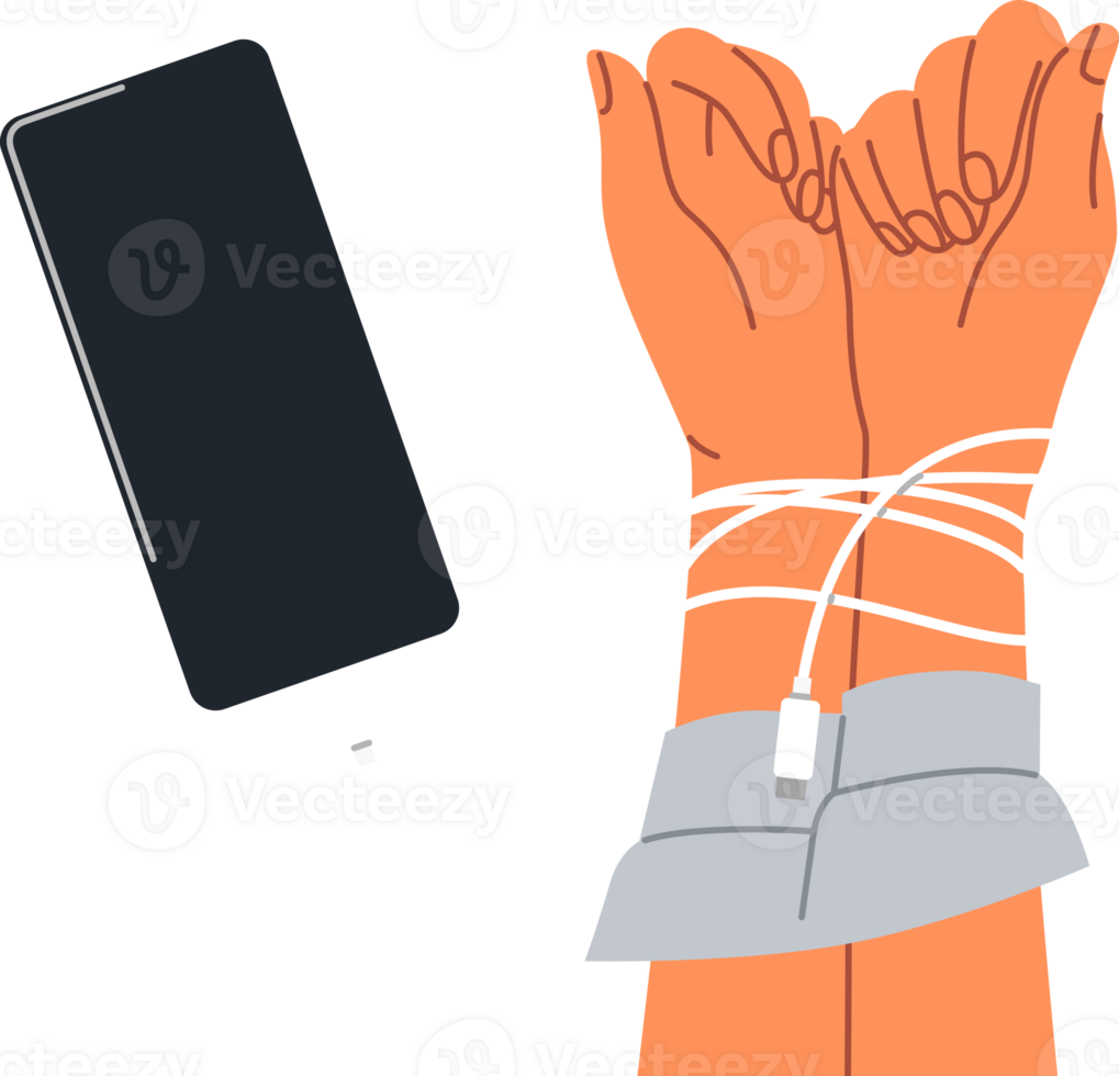 Hands digital hostage are tied with headphones from mobile phone, and symbolize dependence on social networks. Person has become digital hostage due to uncontrolled visits to websites and applications png