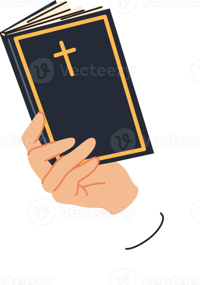 Holy bible in hand of man reading prayers and commandments written by jesus, with christian cross on cover. Religious bible for catholic and orthodox believers studying gospel or old testament png