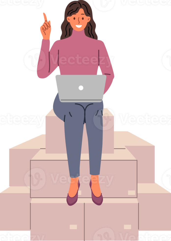 vrouw ondernemer werken zittend Aan karton dozen met laptop Aan ronde, sorteren en logistiek van goederen. gelukkig meisje met computer glimlachen en richten vinger omhoog, genieten van ondernemer routine- png