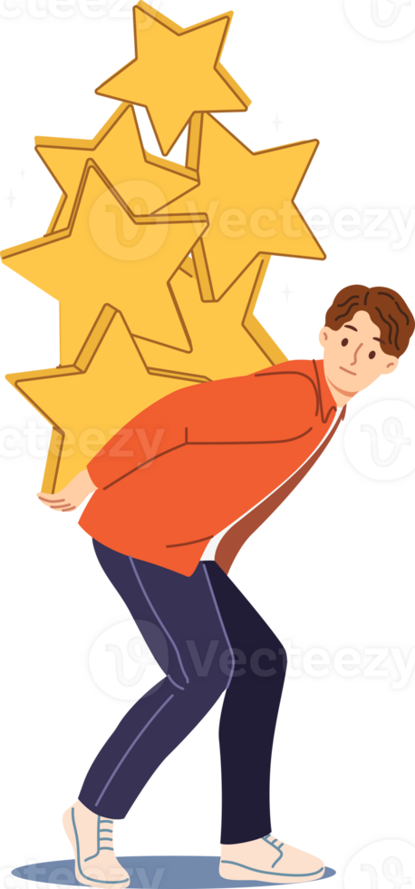 Perfectionist man, tired due to pressure of company high standards, bends under weight of gold stars. Exhausted perfectionist guy needs change in approach to work due to mental boxes png