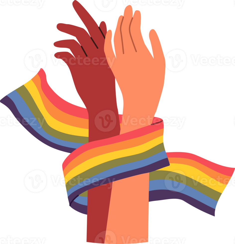 Hands of non-binary couple holding LGBT flag symbolizing love and unity between transgender and gay or lesbian. Pride month concept to promote the idea of tolerance towards LGBT people. png