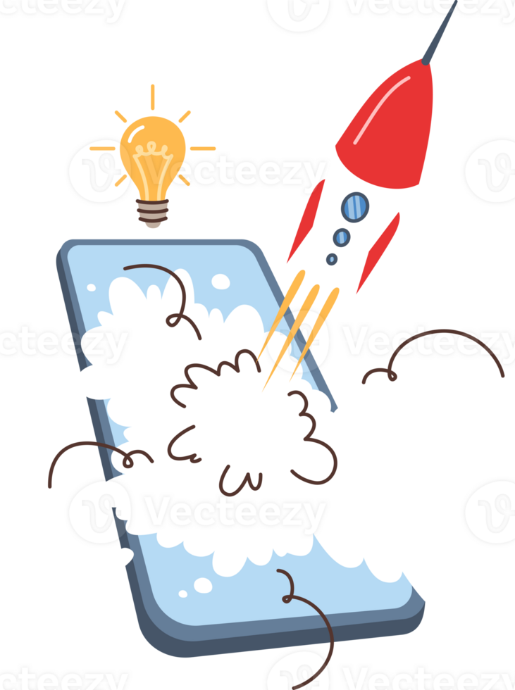 Móvel telefone com foguete lançar, metáfora para Novo comece com inscrição para Smartphone Usuários. bem sucedido lançamento do o negócio projeto usando moderno tecnologias e Móvel gadgets. png