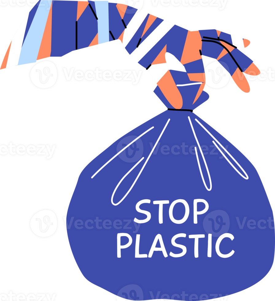 Inscription stop plastic on bag of garbage in hand of person calling for concern for reducing environmental pollution. Problem of lack of plastic recycling leading to climate change png