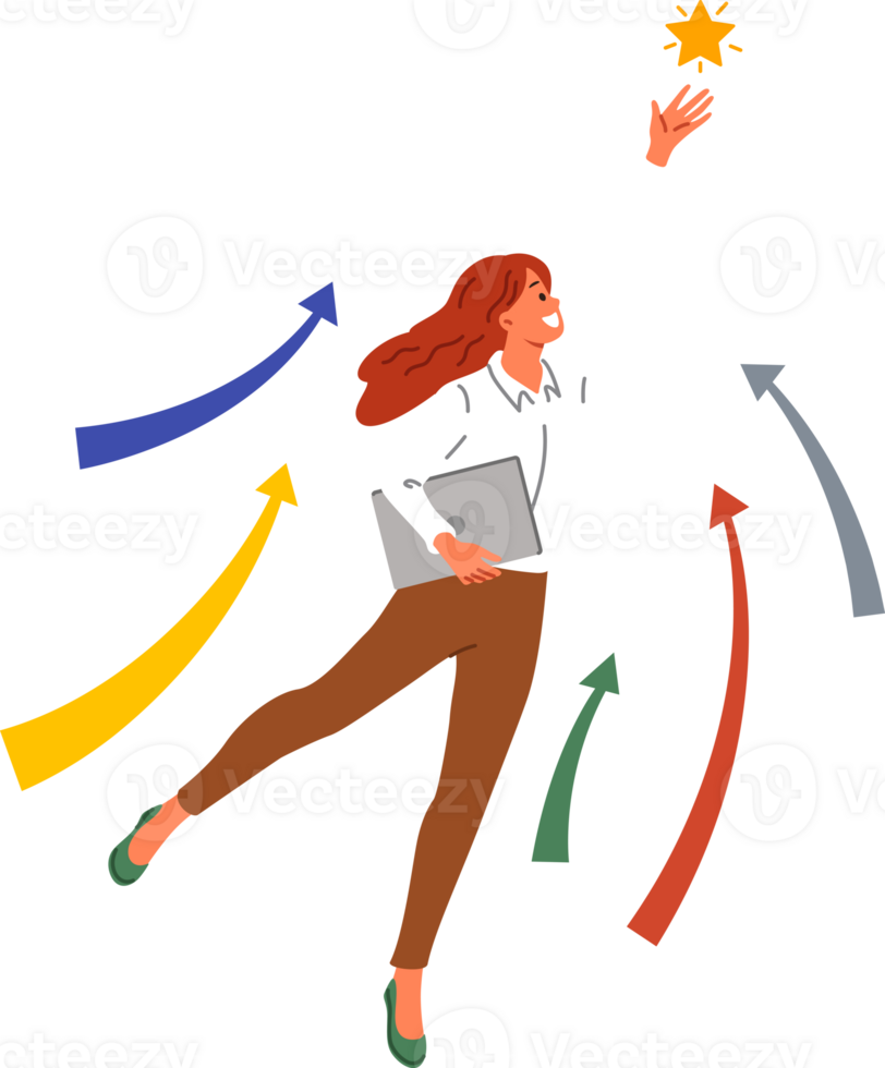 ambicioso mulher se esforça para o negócio progresso, agarrando Estrela a partir de céu e alcançando Novo nível dentro carreira. bem sucedido menina faz progresso dentro trabalho obrigado para Difícil trabalhos e falta do preguiça. png