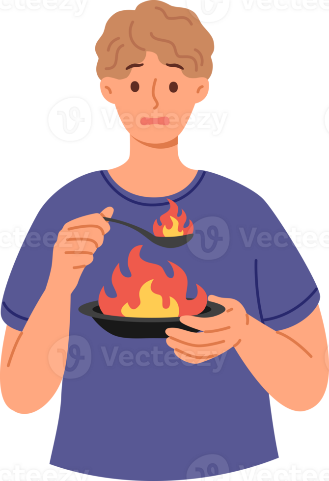 Man eats very spicy food, causing burning sensation in mouth due to overabundance of pepper, holding plate and spoon with flame. Guy eats spicy dish with spices, makes dissatisfied grimace png