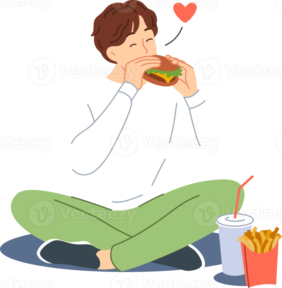 Man eats hamburger with sausage and cheese, sitting on floor and enjoying taste of fast food from street restaurant. Guy enjoys hamburger or cheeseburger prepared according to perfect recipe png