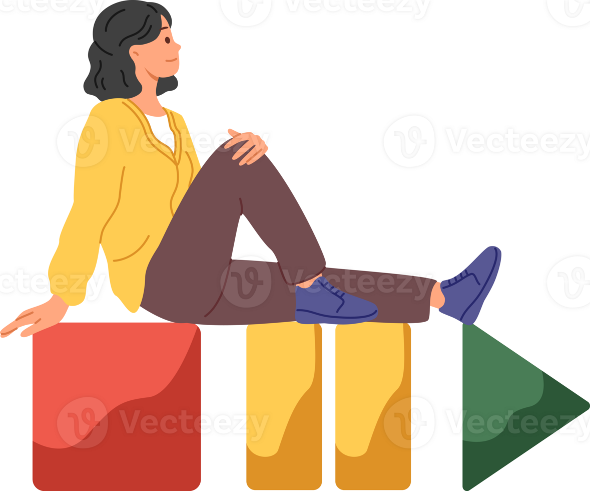 Woman meloman sits on buttons to control multimedia player and switch music in mobile application. Icons for starting and stopping video in multimedia player on smartphone or tablet png