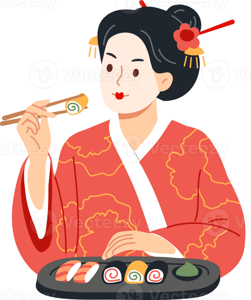 Japanese woman eats sushi with chopsticks, enjoying taste of oriental maki rolls made from rice and fish. Girl in kimono eats traditional sushi dish that allows to stay healthy and beautiful png