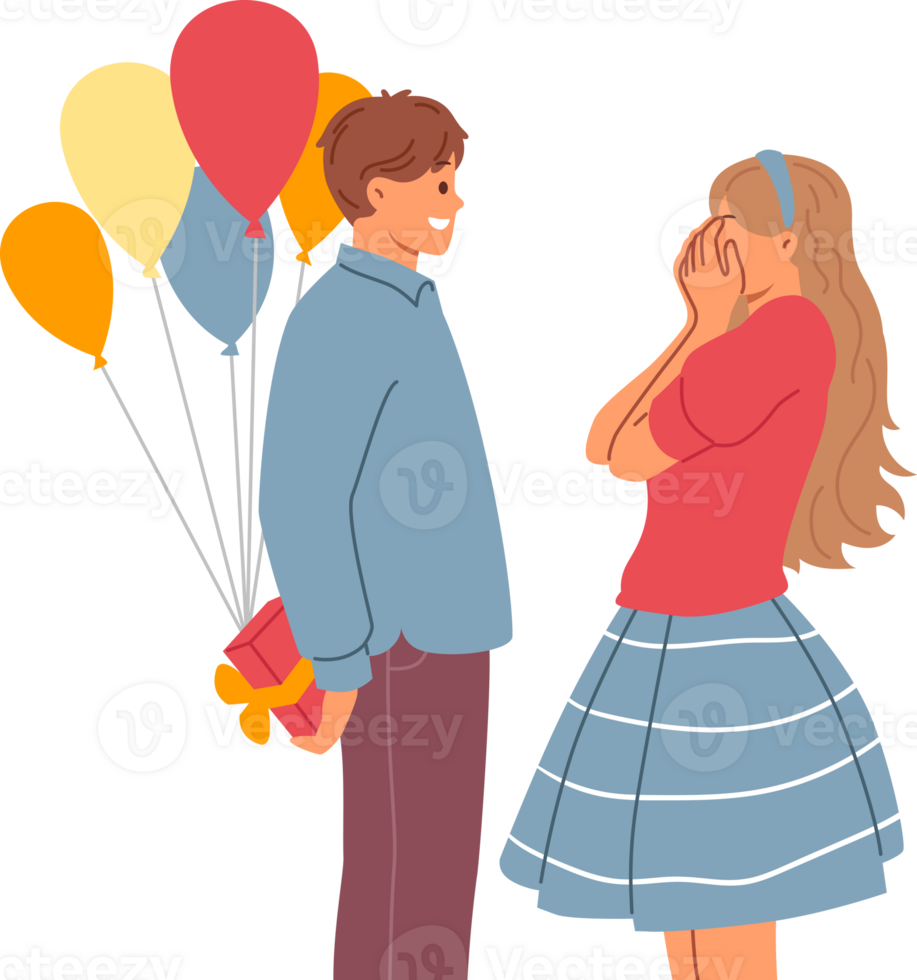 Romantic man makes birthday surprise for girlfriend, holding gift box and balloons behind back. Happy couple of girl closing eyes waiting for gift from boyfriend on relationship anniversary day png