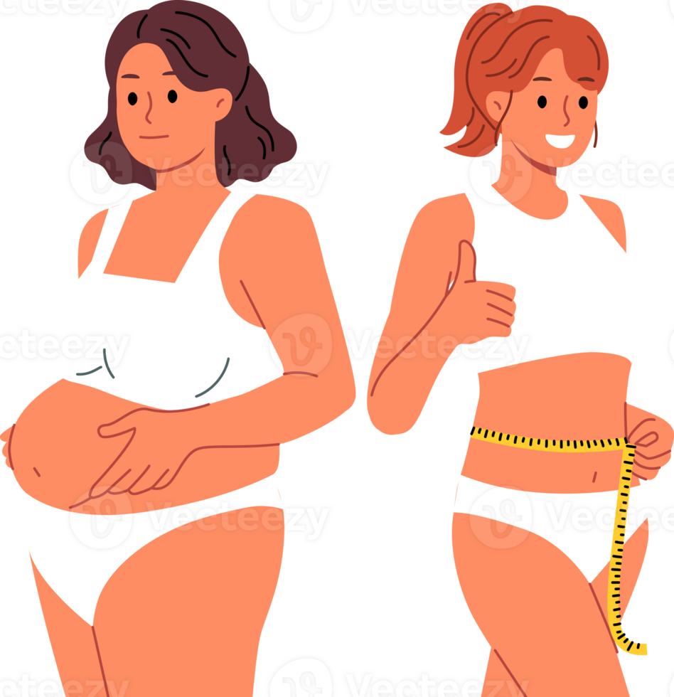 Slender woman fitness trainer stands near client suffering from obesity and shows thumbs up, promising quick weight loss. Female fitness trainer with measuring tape in hands, proud of achieved result png